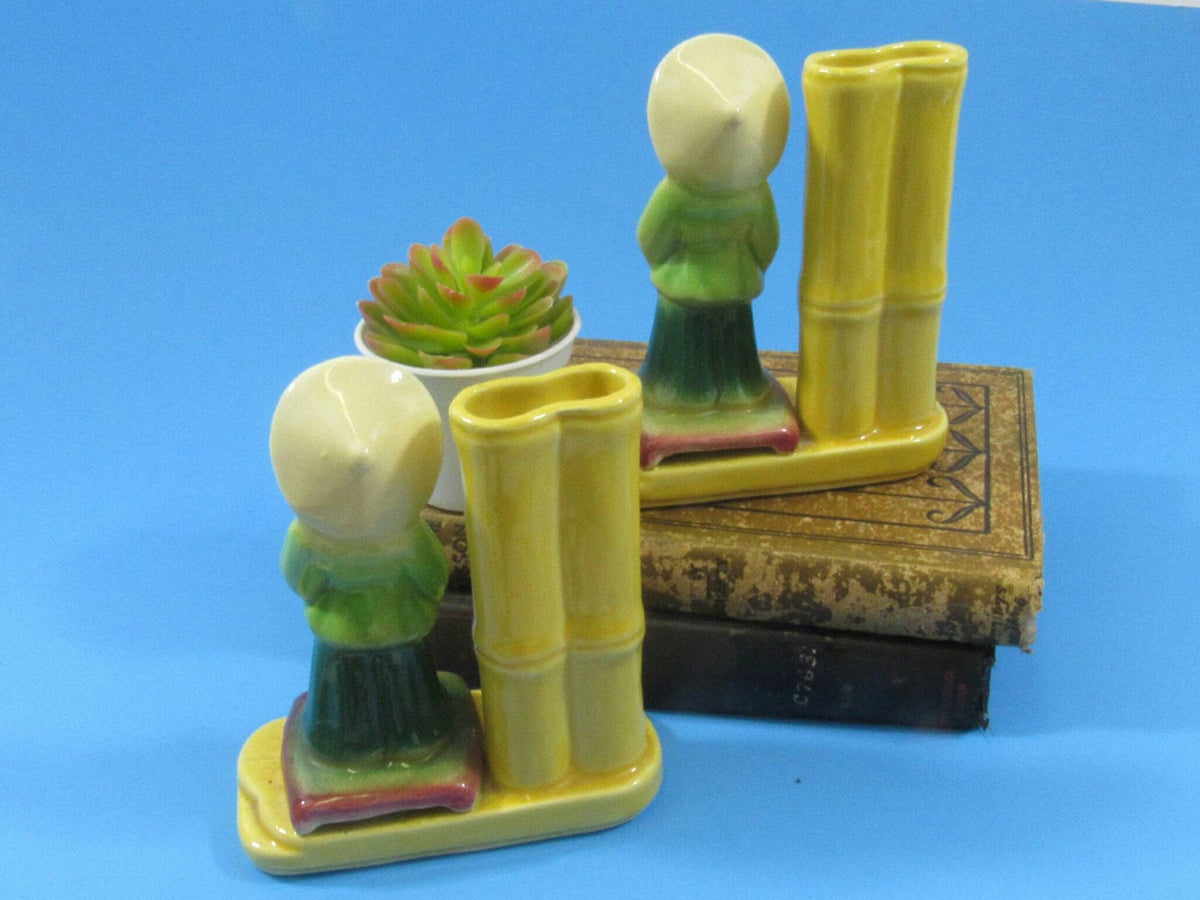 Vintage Asian Vase Planter Bookends Mid Century Bamboo Vase Made
