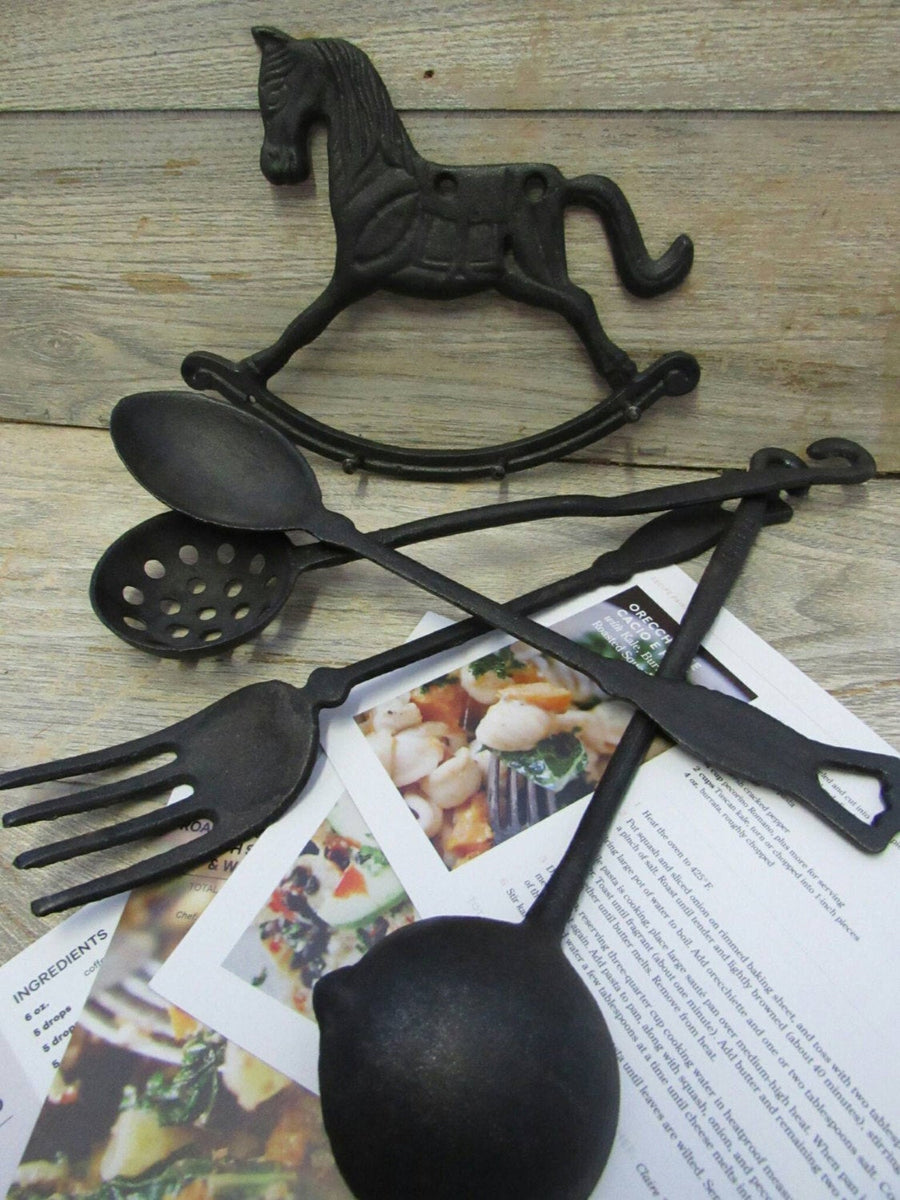 5 PIECE SET CAST IRON KITCHEN UTENSILS RACK VTG TAIWAN BLACK HANGING WALL  ART