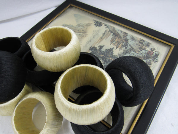 Vintage Satin Thread Napkin Rings Black Ivory Set of 10