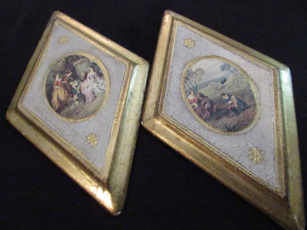 Vintage Decoupage Wooden Gilt Wall Plaques Made in Italy Italian Baroque Style Set of 2 Carved Wood French  Regency Diamond Shape Wall Art