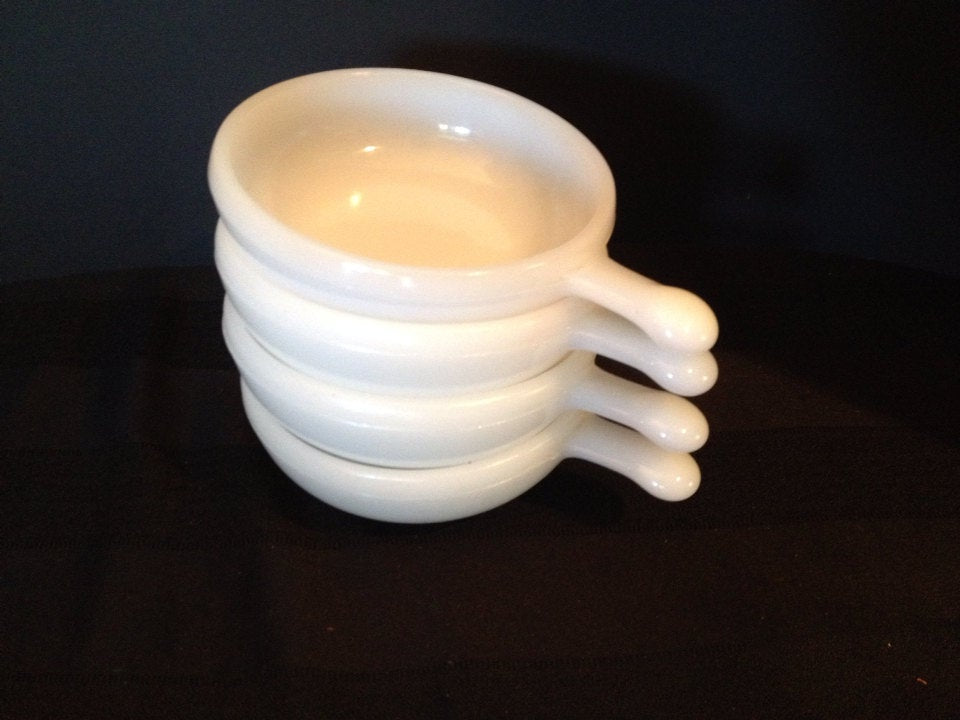 Vintage Glasbake Milk Glass Handled Soup Bowls W/Lids Made in USA