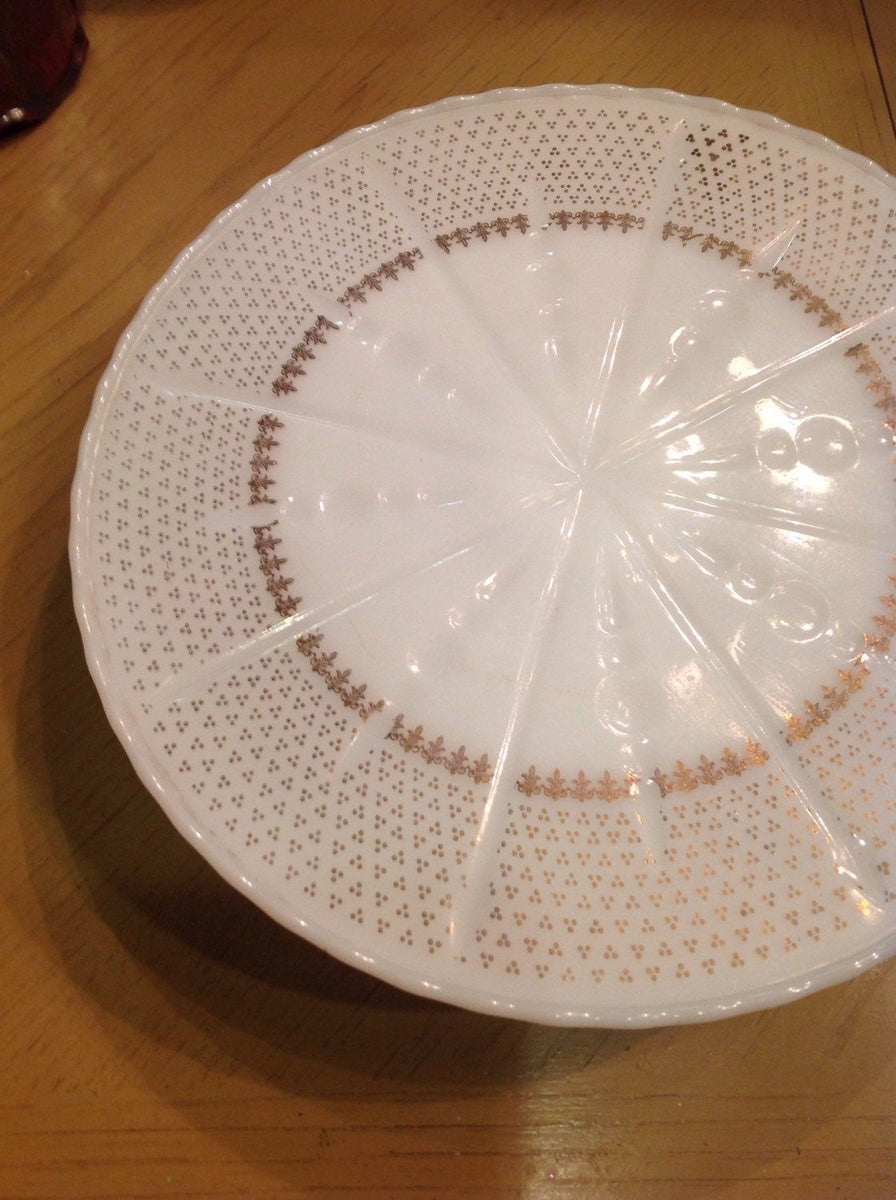 Vintage Milk Glass Cake Plate Mid Century Anchorglass 22 Kt Gold