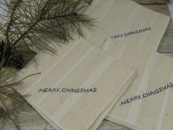 Vintage Christmas Napkins Linen Cross Stitch Merry Christmas Beige Set of 4 Traditional Holiday Tabletop