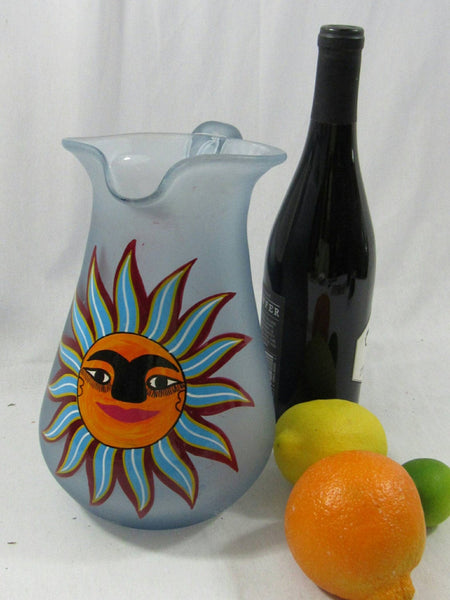 Vintage Frosted Glass Sangria Margarita Pitcher Southwestern Sunshine Hand Painted Glass Pitcher
