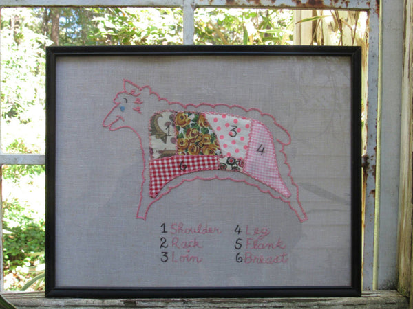 Vintage Embroidery Framed Lamb Sheep Cottage Chic