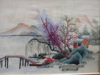 Vintage Asian Silk Embroidery Framed Landscape Fiber Arts Wall Hanging Wall Art Asian Mid Century Home Office Decor