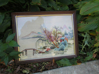 Vintage Asian Silk Embroidery Framed Landscape Fiber Arts Wall Hanging Wall Art Asian Mid Century Home Office Decor