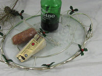 Vintage Holly Tray Metal Glass Christmas Cheese Charcuterie Platter Christmas Holiday Serving Over 14 in long