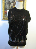 Vintage NY Skyline Sequin Sweater Shell Big Apple Fireworks Angora Lambswool Black Sweater Shell Holiday Wear