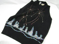 Vintage NY Skyline Sequin Sweater Shell Big Apple Fireworks Angora Lambswool Black Sweater Shell Holiday Wear