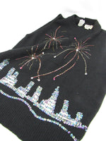 Vintage NY Skyline Sequin Sweater Shell Big Apple Fireworks Angora Lambswool Black Sweater Shell Holiday Wear