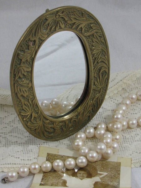 Vintage Brass Standing Mirror Art Nouveau Style Round Mirror on Stand