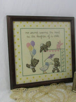 Vintage Framed Cross Stitch Fiber Arts Baby Wall Hanging Nursery Decor Teddy Bears Baby Boy Baby Girl