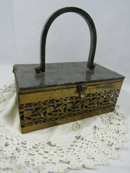 Vintage Ornate Gilded Filigree Charcoal Gray Bakelite Handbag Ormolu Style French Evening Bag  Square Purse