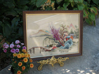 Vintage Asian Silk Embroidery Framed Landscape Fiber Arts Wall Hanging Wall Art Asian Mid Century Home Office Decor