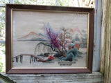 Vintage Asian Silk Embroidery Framed Landscape Fiber Arts Wall Hanging Wall Art Asian Mid Century Home Office Decor