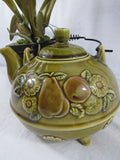 Vintage Molded Ceramic Tea Pot Japan Wire Handle Footed Teapot Round Pot Belly Kettle Fruit Pattern Olive Green