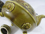 Vintage Molded Ceramic Tea Pot Japan Wire Handle Footed Teapot Round Pot Belly Kettle Fruit Pattern Olive Green