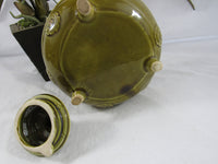 Vintage Molded Ceramic Tea Pot Japan Wire Handle Footed Teapot Round Pot Belly Kettle Fruit Pattern Olive Green