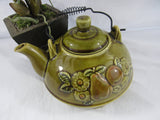 Vintage Molded Ceramic Tea Pot Japan Wire Handle Footed Teapot Round Pot Belly Kettle Fruit Pattern Olive Green