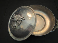 Vintage Hammered Aluminum Serving Lidded Bowl Ornate Engraved Floral Pattern Lid Mid Century