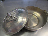 Vintage Hammered Aluminum Serving Lidded Bowl Ornate Engraved Floral Pattern Lid Mid Century