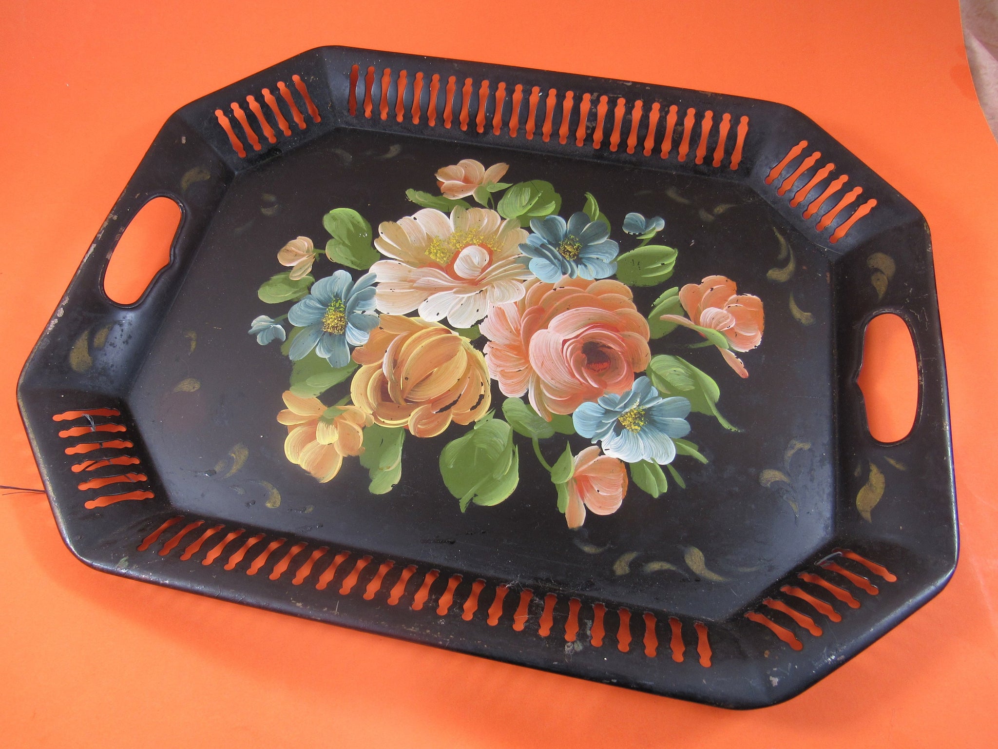 Vintage Hand Painted 2024 Toleware Metal Tray