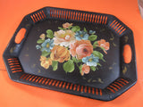 Vintage Black Metal Toleware Hand-painted Serving Tray Tole Tray with Handles Shabby Chic Perfume Vanity Cordial Tray