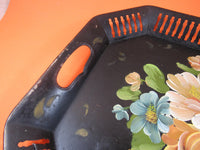 Vintage Black Metal Toleware Hand-painted Serving Tray Tole Tray with Handles Shabby Chic Perfume Vanity Cordial Tray