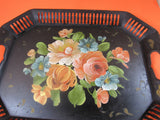 Vintage Black Metal Toleware Hand-painted Serving Tray Tole Tray with Handles Shabby Chic Perfume Vanity Cordial Tray