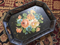 Vintage Black Metal Toleware Hand-painted Serving Tray Tole Tray with Handles Shabby Chic Perfume Vanity Cordial Tray