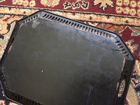 Vintage Black Metal Toleware Hand-painted Serving Tray Tole Tray with Handles Shabby Chic Perfume Vanity Cordial Tray