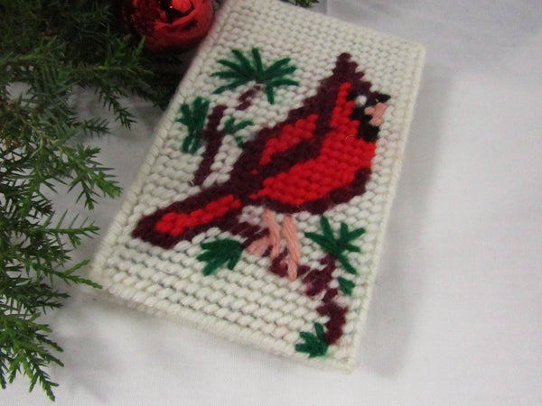 Vintage Cross Stitch Cardinal Notebook Cover Red Bird Fiber Arts 3 x 5 Memo Pad Holder Calender Cover OOAK Refillable Notepad Cover
