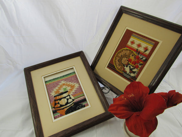 Vintage Woven Cross stitch Framed Fiber Arts Southwestern Native American Style set of 2