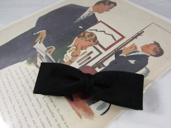 Vintage Bowtie Clip On Black Satin Bow Tie Mid Century Formal Wear Black Tie