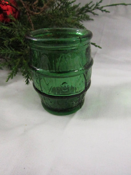 Vintage Miniature Whiskey Wine Barrel Pressed Green Glass Collectible Knick Knack