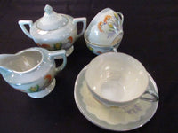 Vintage Japanese Lusterware Teacups and Saucers Luncheon Set 15 Pieces Creamer Sugar Bowl Chinoiserrie