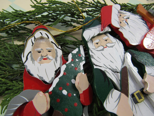 Vintage Santa Wooden Ornaments Father Christmas Set of 3 Holiday Tree Decor