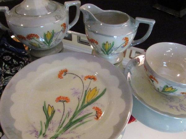 Vintage Japanese Lusterware Teacups and Saucers Luncheon Set 15 Pieces Creamer Sugar Bowl Chinoiserrie