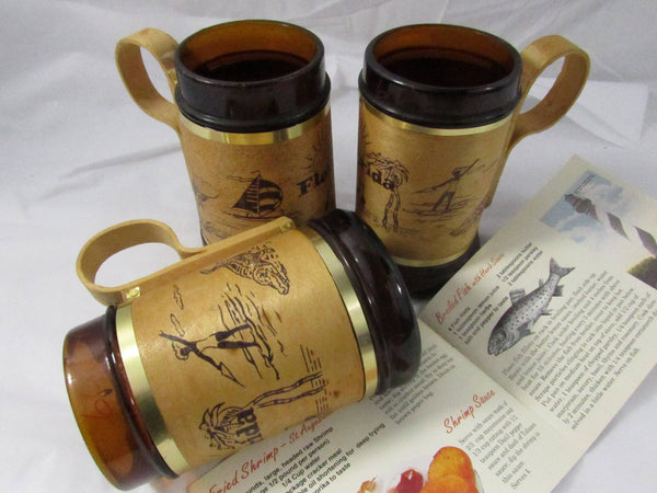 Vintage Wooden Handle Souvenir Mugs Florida Kawaii Tiki Mid Century Barware