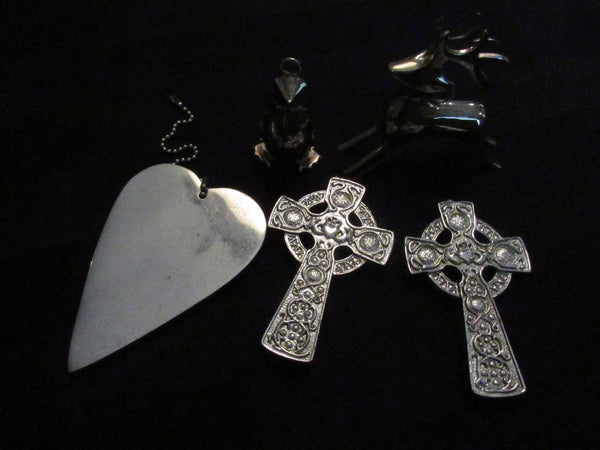 Vintage Silver Metal Hanging Ornaments Crucifix Penguin Reindeer Heart EACH Sold Separately