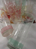 Vintage Williamsburg VA Drinking Glass The Governor's Palace The Wren Building Turquoise Pink Federal Glassware Set of 6 Tall