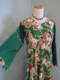 Vintage 1940's Style Dress Asian Flare Kimono Sleeves Contrasting Fabrics Tea Dress