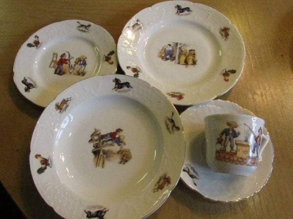 Antique Porcelain 5 Piece Juvenile Child's Rare Collectible China Pattern Naughty Mischievious Children at Play Cat Rooster Dog Edge