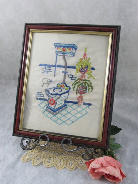 Vintage Framed Embroidery The WC The Loo/Toilet Potty Framed Fiber Art Wall Hanging Bathroom Powder Room Decor