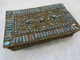 Antique Chinese-Tibetan Brass Box Filigree With Inlay Turquoise Rare Art and Collectibles Prayer Trinket Box