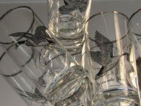 Vintage Wild Game Birds Tall Cocktail Glasses Sportsman Glassware Hunting Barware Aviary Woodland Highball Federal Glass Silver Band Set 4