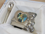 Vintage Silverplate Baby Gift Set Teddy Bear Silver Plate Frame Silver Plate Spoon Fork Feeding Set