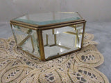 Vintage Brass Glass Trinket Box Hexagon Glass Mirror Box Storage Etched Glass Flowers Jewelry Casket Taiwan