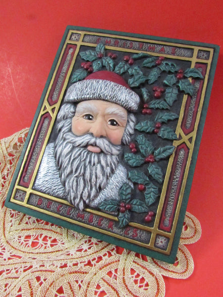 Vintage Ceramic Bisque Hand Painted Plaque Wall Hanging Santa card Scioto #1773 Circa 1989 Victorian Christmas December Home Decor Folk Art